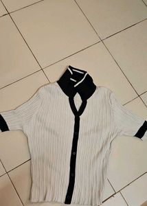 White Ribbed Button-Down Top