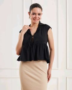 Cuban Collar Cap Sleeve Tie-Up Neck Peplum Top