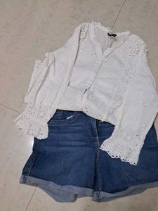 White Eyelet Top & Denim Shorts