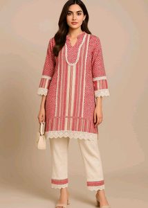 Newly Kurti Pant Set With Lace Detail