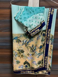 sea green with blue shade flower print saree wit