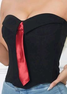 Chic Black Corset Top with Red Tie Detail
