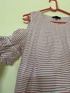 Red &amp; White Striped Cut Shoulder Dress