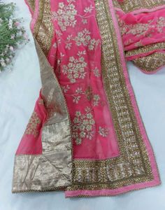 Golden Embroidered Rose Pink Georgette Saree