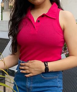 Pink Rib Halter Neck Collar Top