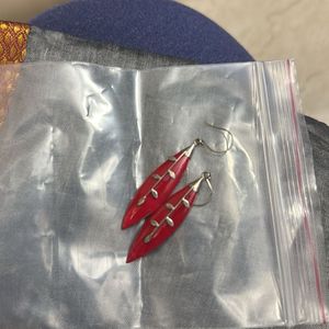 Red Leaf Drop Earrings- silver