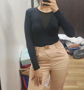 New Sheer Neckline Black Fitted Top