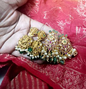 Combo Of 2 Pairs Ear Rings Gold Finish Green Beeds