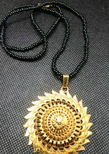 Gold Sunflower Pendant Black Bead Necklace