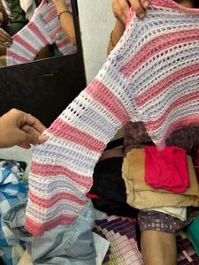 Crochet Knit Striped Sweater – Pink &amp; White