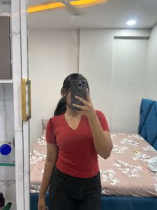 Red V-Neck Tee &amp; Black Jeans