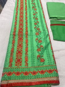 Green Colour Red Contrast Thread Work Full Fron