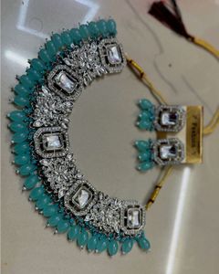 Teal Beaded Silver Necklace & Earring Set