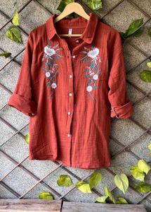 Rust Floral Embroidered Button-Down Shirt