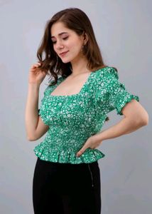 Puff Sleeves Floral Print Women Light Green Top