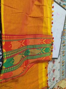 Linen Saree Yellow Red Green C