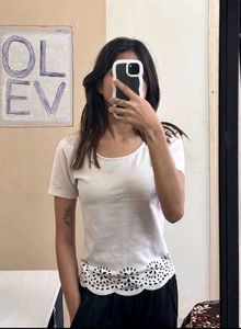 White Tee with Floral Cutout Hem