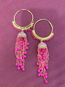 Bold &amp; Beautiful Pink Tassel Jhumka Hoops