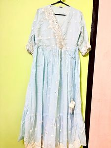 Blue Anarkali with mirror work