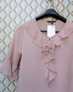 New With Tag Peach Ruffled Korean Neck Top