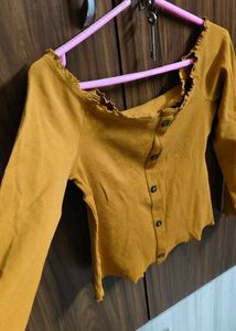 Off Shoulder, Mustard Ribbed Top