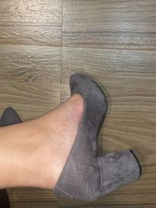 Grey Suede Block Heel Pumps