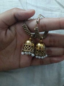 Gold Jhumka Earrings with Pearl Accents