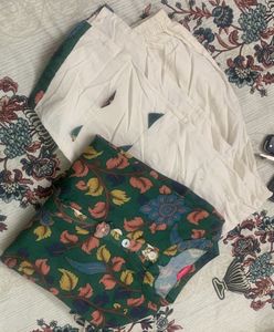 Green Printed Kurta With Off White Pants