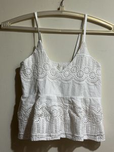 White Cute Peplum Top Embroidered