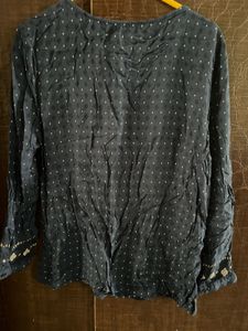 Navy Polka Dot Blouse with Embroidery