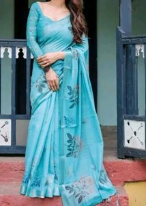 Pure Linen Cotton Saree with Tassel Finish