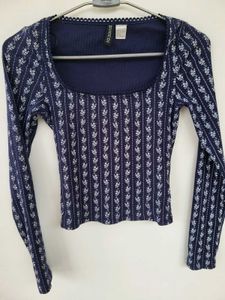 H&amp;M Lace Detail Floral Long Sleeve Ribbed Top/ S