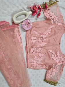 Cute Peach Floral Leheghna with Blouse &amp; Dupatta