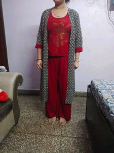 Red Kurta Palazzo Set with Shrug
