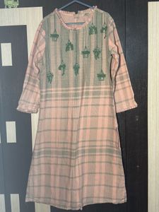 Pink Emobrordery Checked Kurta