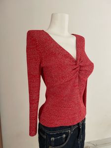 Red V-Neck Long Sleeve Top