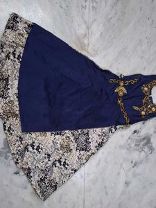 Girls Navy Blue Dress with Gold Embroidery