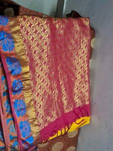 &#34;Vibrant Pink-Orange Kanjivaram Saree with Rich Go