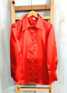 Red Satin Button-Down Shirt size-36-M