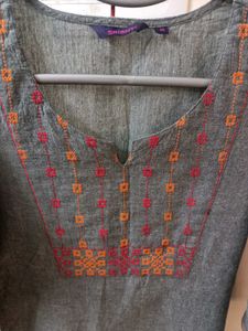 Gray Pure Cotton Kurti with Embroidery