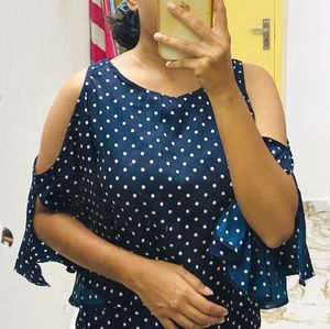 Blue Polka Dot Cold Shoulder Ruffle Sleeve Top (S)