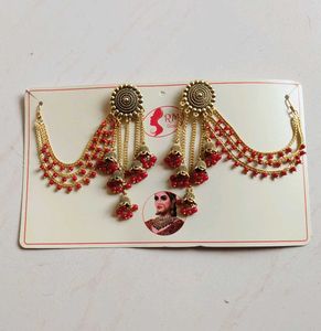 Gold & Red Jhumka Ear Chain Earrings