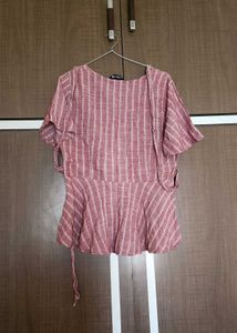 Striped Peplum Blouse with Tie Waist