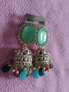 Vibrant Jhumka Earrings with Green Stone &amp; Drops