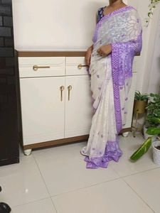 Elegant White & Lilac Saree