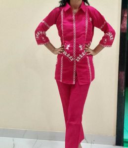 Fuschia Embroidered Short Premium Coord Set