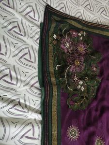 Purple and Green Embroidered Saree
