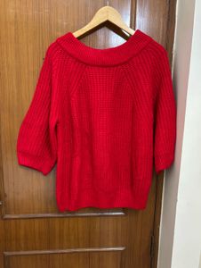 Red Puff Sleeves Cable Knit Pullover