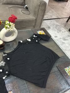 Elegant Black Top With Floral Embroidery Wit Net