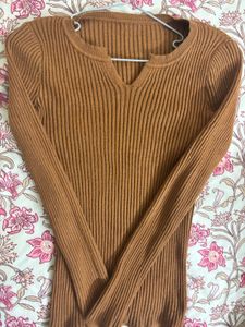Brown Ribbed Long Sleeve Top